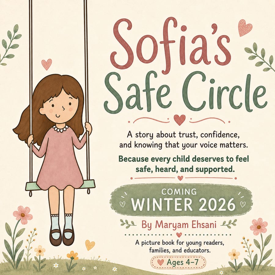 Sofia's Safe Circle — an illustrated girl on a flower-dotted swing, announcing the picture book coming Winter 2026.